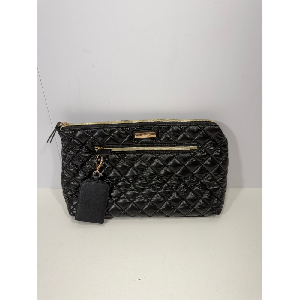 Trina Turk Black Quilted‎ Nylon Cosmetic Bag Large Puffer Clutch Gold Hardware